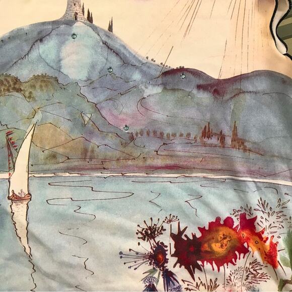 Fantazia Blue & Pink Blouse Watercolor Landscape w/ Blue Rhinestones Top - Picture 3 of 7